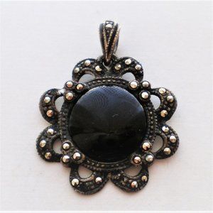 Antique Deco Style Designer Sterling Silver Marcasite Black Onyx Flower Pendant